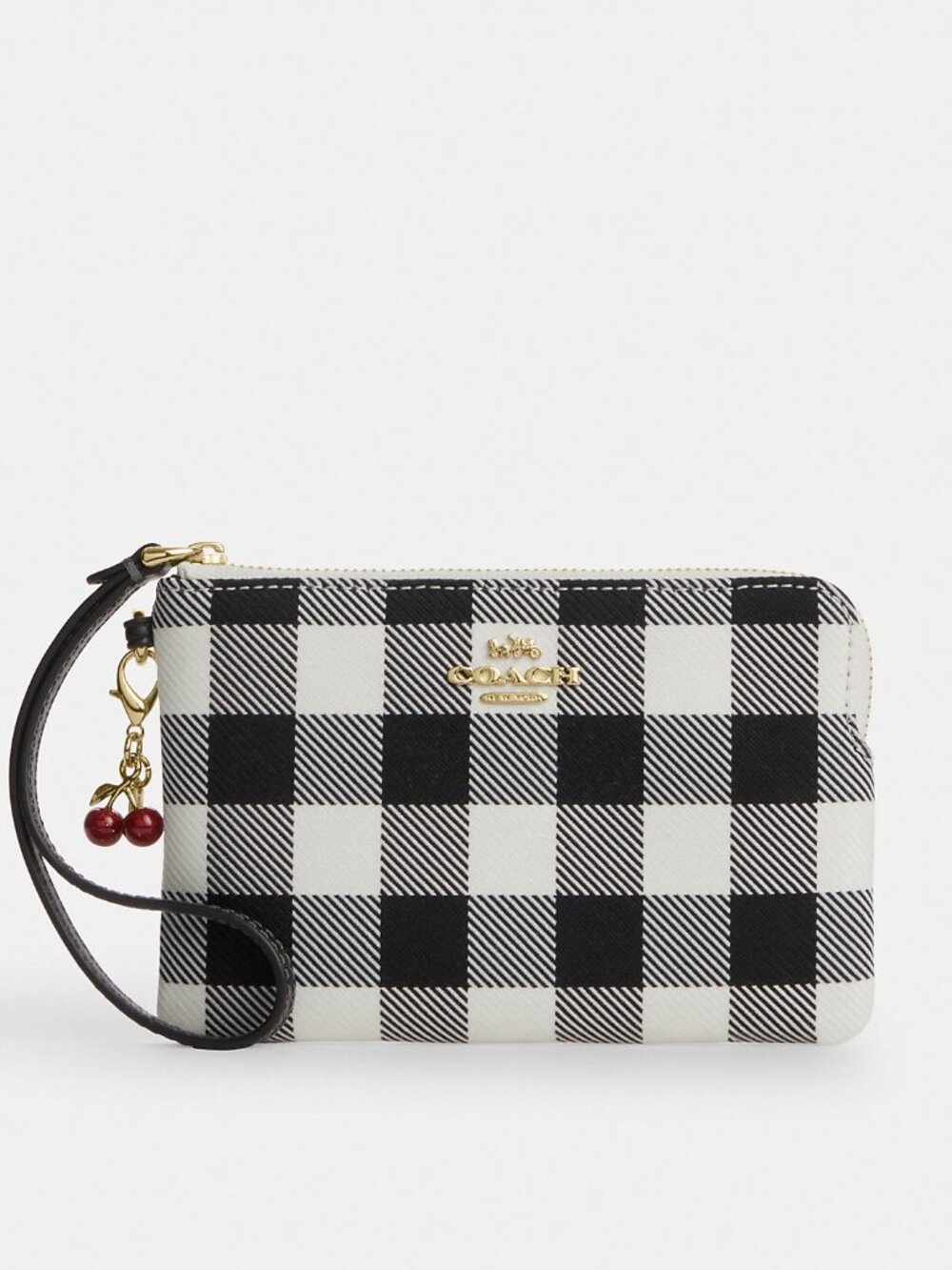 Coach Corner Zip Wristlet With Gingham Print And Charm